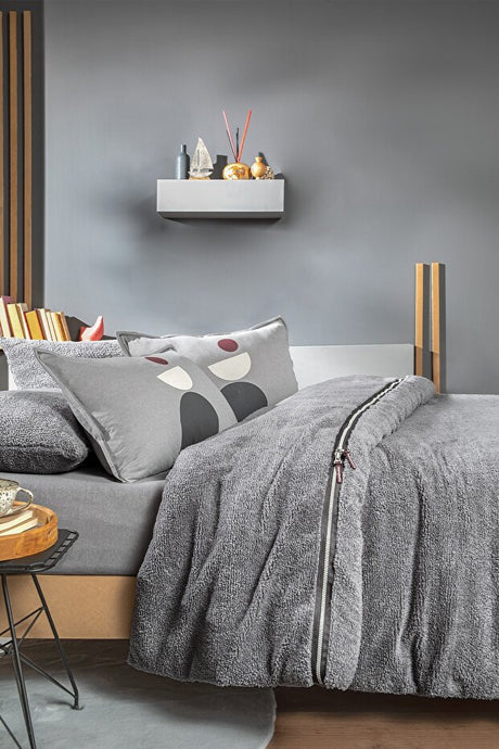 Coverme Quadro Single Sherpa Zippered Duvet Cover Set - Grey