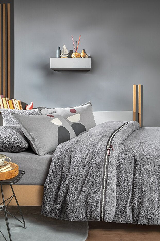 Coverme Quadro Single Sherpa Zippered Duvet Cover Set - Grey