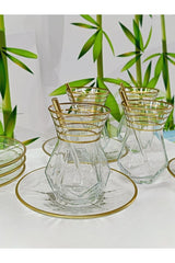Clear Glass Tea Glass & Saucer Set - Gold-Rimmed & Faceted Design