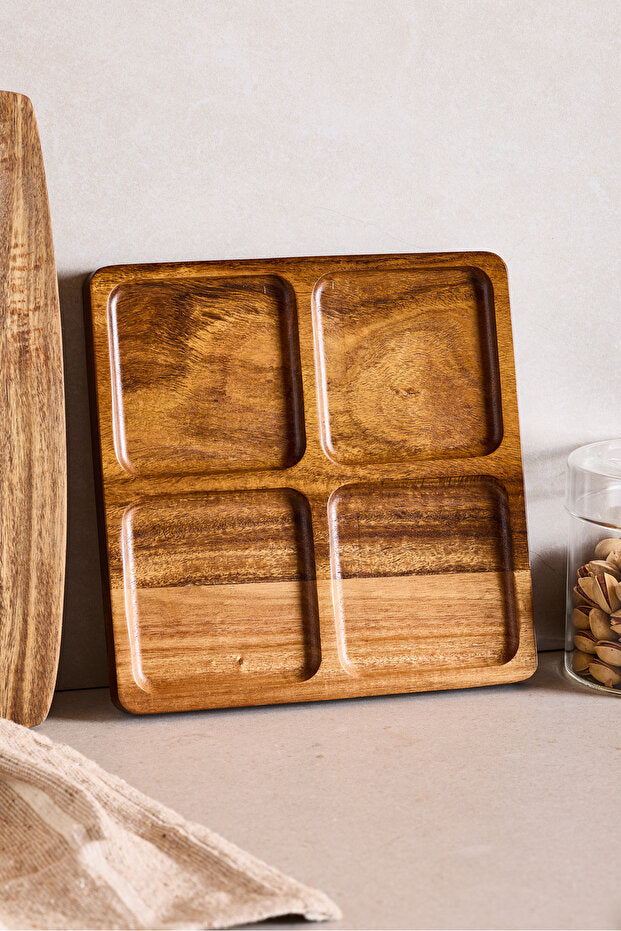 Natural Wood 4-Compartment Snack Serving Tray 20x20 cm