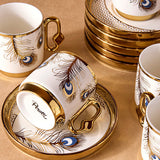 Porcelain Peacock Pattern Coffee Cup Set for 6 People