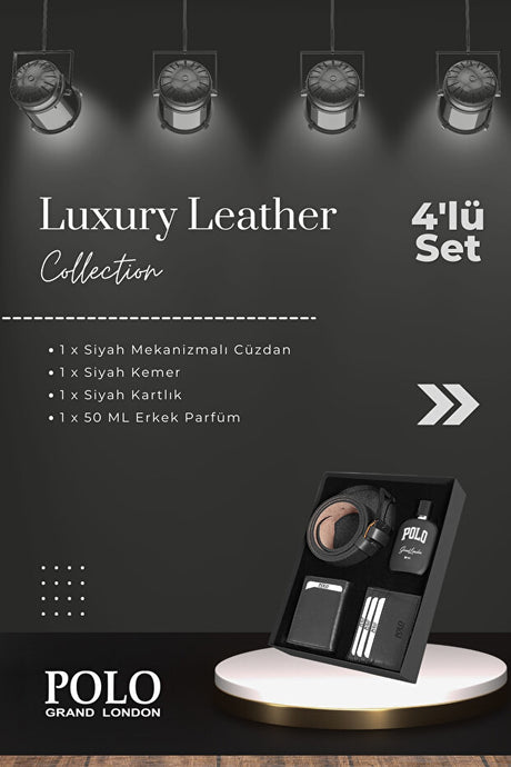 Men's Luxury 4-Piece Leather Wallet, Perfume & Belt Gift Set