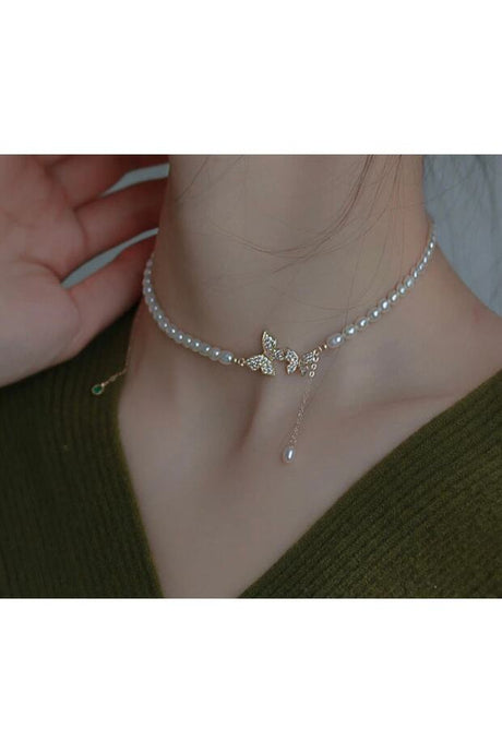 Elegant Butterfly Pearl Gold Tone Choker Necklace