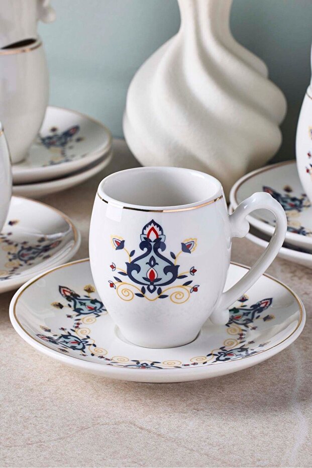 Porcelain Coffee Cup & Saucer Set - 6 Person, Traditional Motif