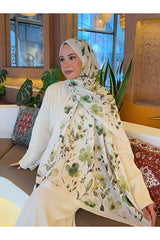 Soon Series Patterned Cotton Soft Shawl - Off-White & Green
