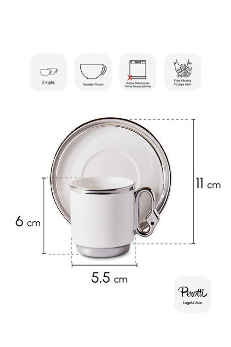 2 Person Porcelain Coffee Cup Set with Silver Trim