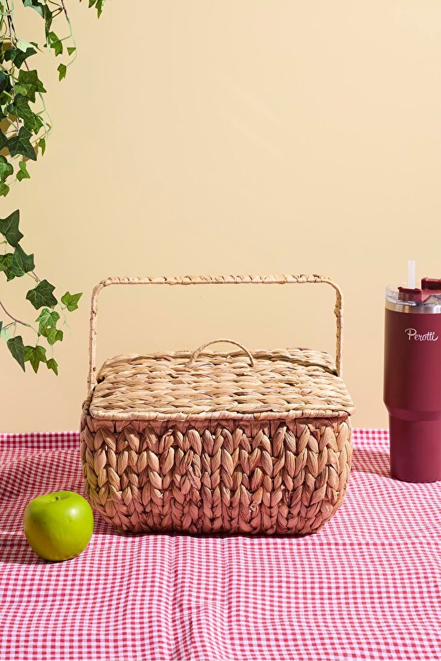 Woven Picnic Basket with Lid - 31.5x31.5cm