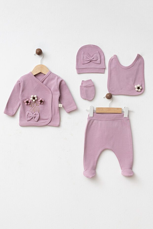 Newborn 100% Cotton 5-Piece Hospital Exit Set with Embossed Flowers