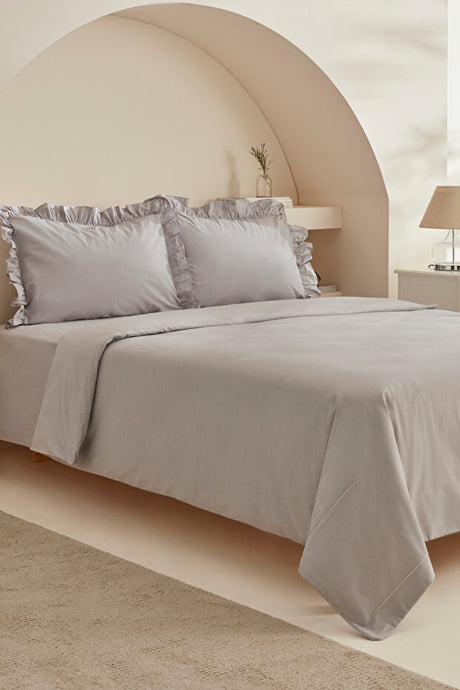 Pure 100% Cotton Double Duvet Cover Set - Grey with Ruffles