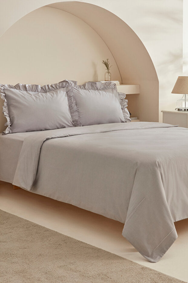 Pure 100% Cotton Double Duvet Cover Set - Grey with Ruffles