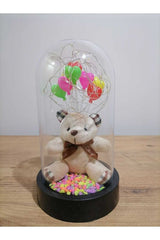 Illuminated Teddy Bear & Heart Balloons Glass Dome