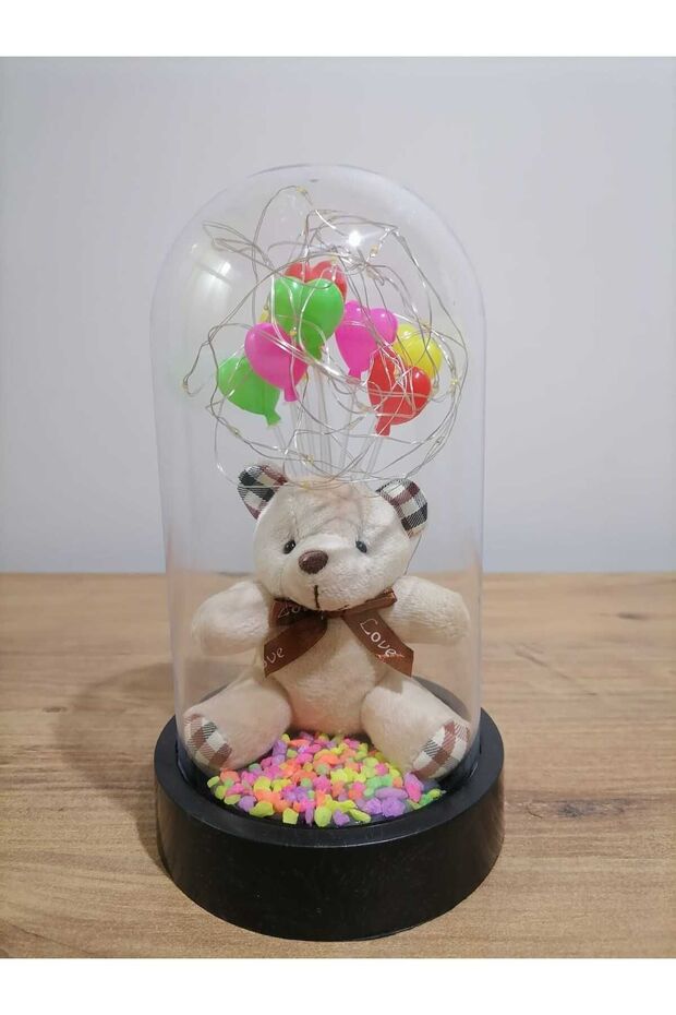 Illuminated Teddy Bear & Heart Balloons Glass Dome