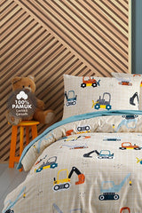 Construction 100% Cotton Single Duvet Cover Set with Fitted Sheet