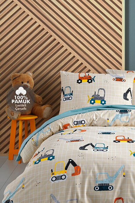 Construction 100% Cotton Single Duvet Cover Set with Fitted Sheet