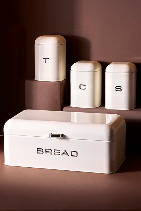 Retro Cream Bread Box & 3 Storage Jars Set for Kitchen