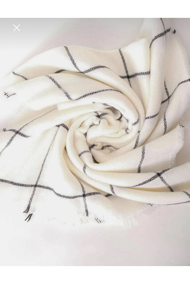 White & Black Plaid Winter Scarf Wool Blend