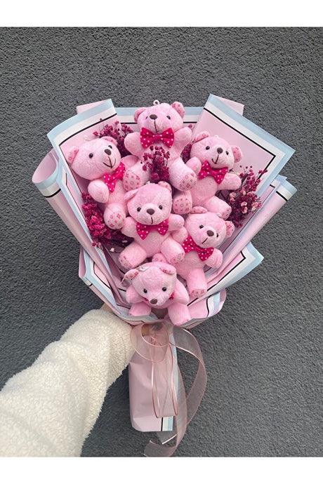 Romantic Pink Teddy Bear & Chocolate Bouquet - 6 Plush Bears