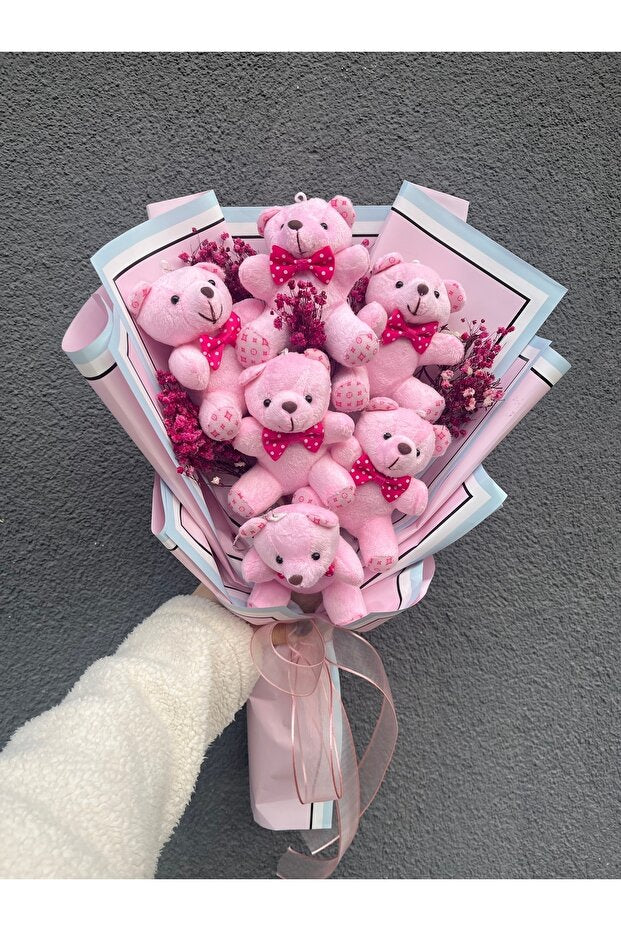 Romantic Pink Teddy Bear & Chocolate Bouquet - 6 Plush Bears