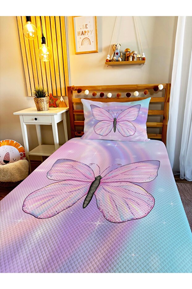 Butterfly Print Single Pique Set - Pink, 160x230cm, 2 Pieces