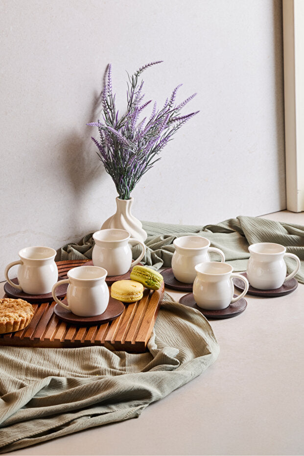 Dark Retro Cube Porcelain Coffee Cup Set with Acacia Saucers, 6 x 90ml