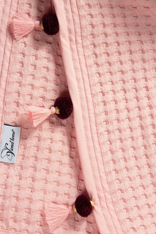 100% Cotton Double Size Waffle Pique Bedspread with Pompoms - Pink