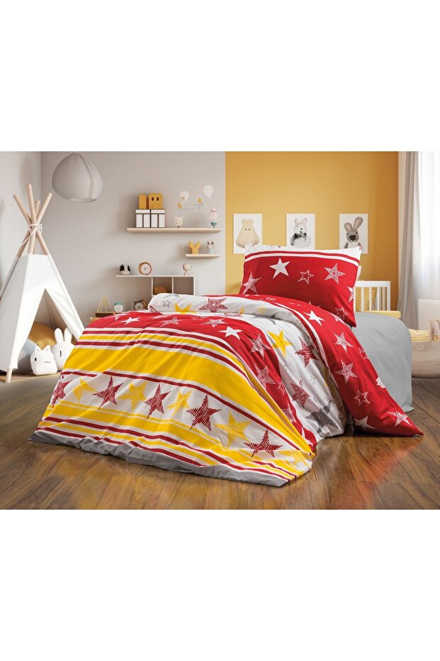 Single Fitted Sheet Duvet Cover Set - Red & Yellow Stars