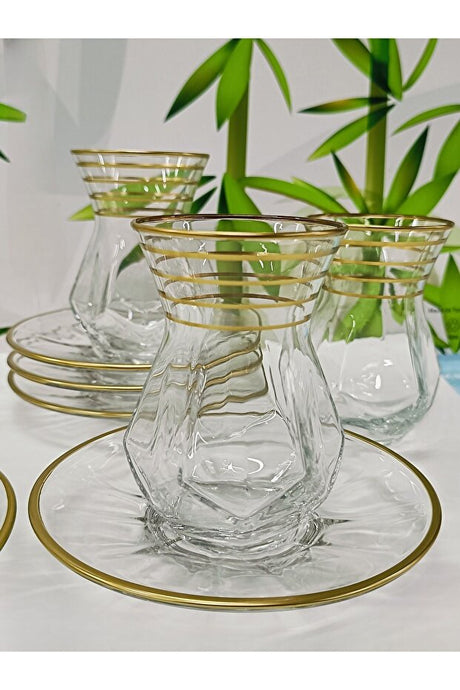Samsa Alya Premium Gold Line Turkish Tea Glass & Saucer Set - 6 Piece