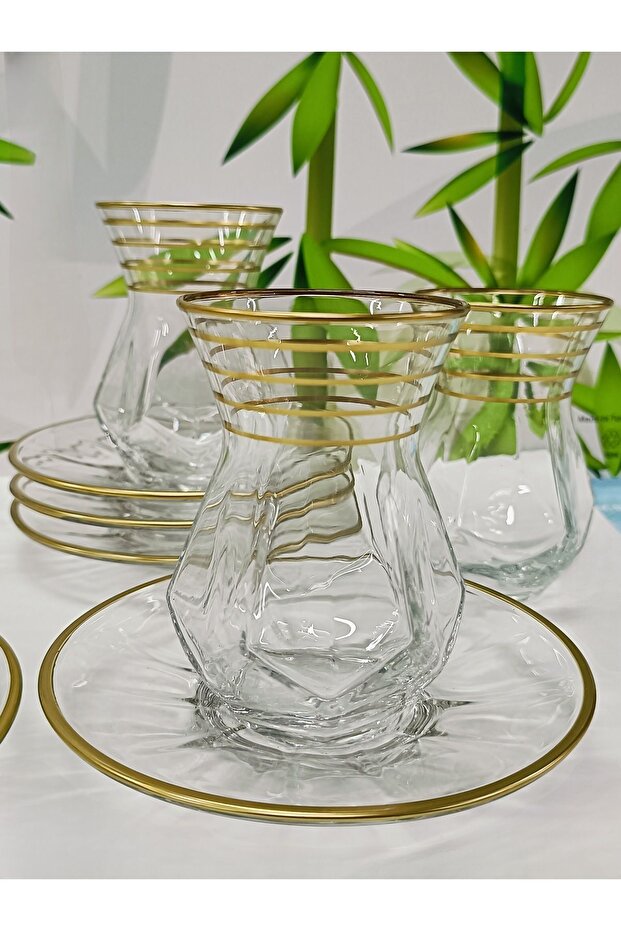 Samsa Alya Premium Gold Line Turkish Tea Glass & Saucer Set - 6 Piece