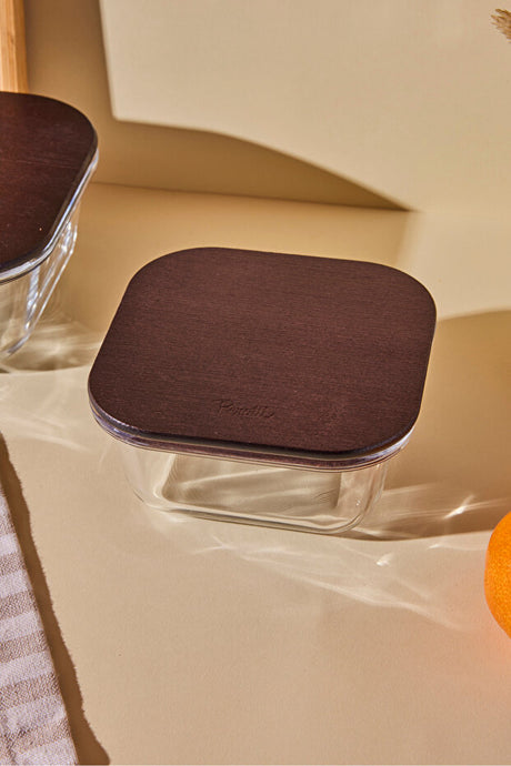Square Glass Storage Container with Wooden Lid - 320ml