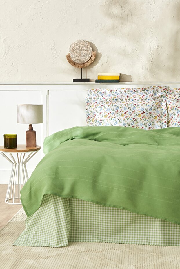 Noya 100% Cotton Single Size Pique Bedding Set - Green