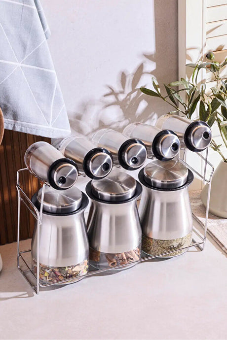 Stainless Steel & Glass 7-Piece Spice Jar Set with Stand