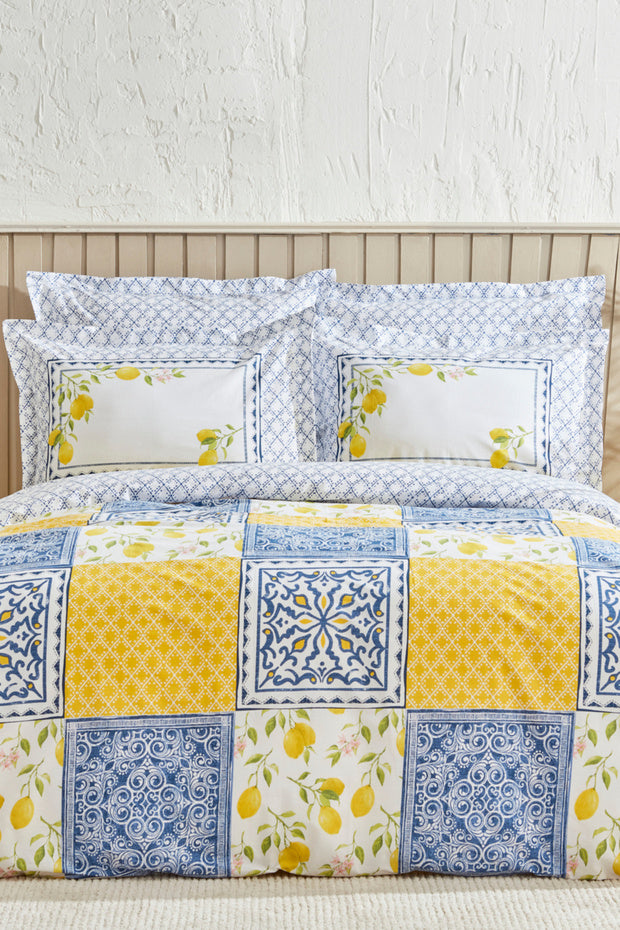 Addie 100% Cotton Double Duvet Cover Set - Lemon & Tile