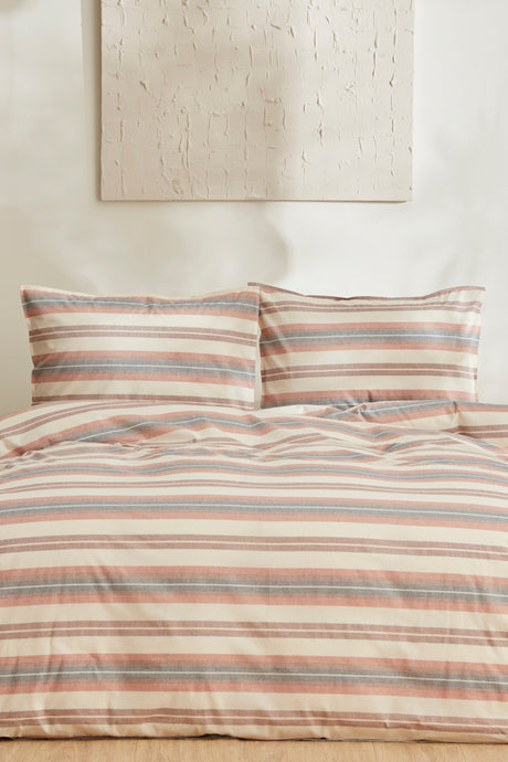 Double Size Duvet Cover Set - Terracotta Stripes, 100% Cotton