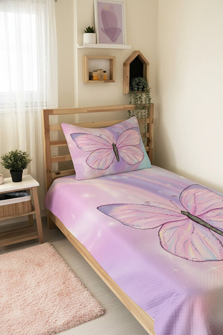 Butterfly Print Single Pique Set - Pink, 160x230cm, 2 Pieces