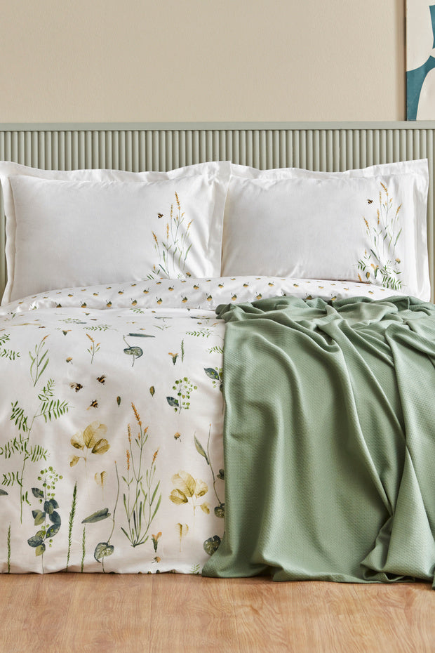 Herbal 100% Cotton Double Duvet Cover & Pique Set - White