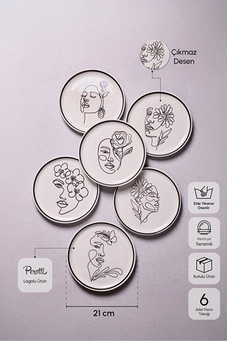 Viso 21 cm Abstract Line Art Floral Dessert Plates Set - 6 Pieces