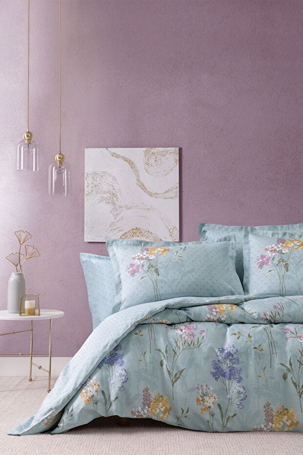 Alyssa Double Size 100% Cotton Floral Duvet Cover Set - Mint