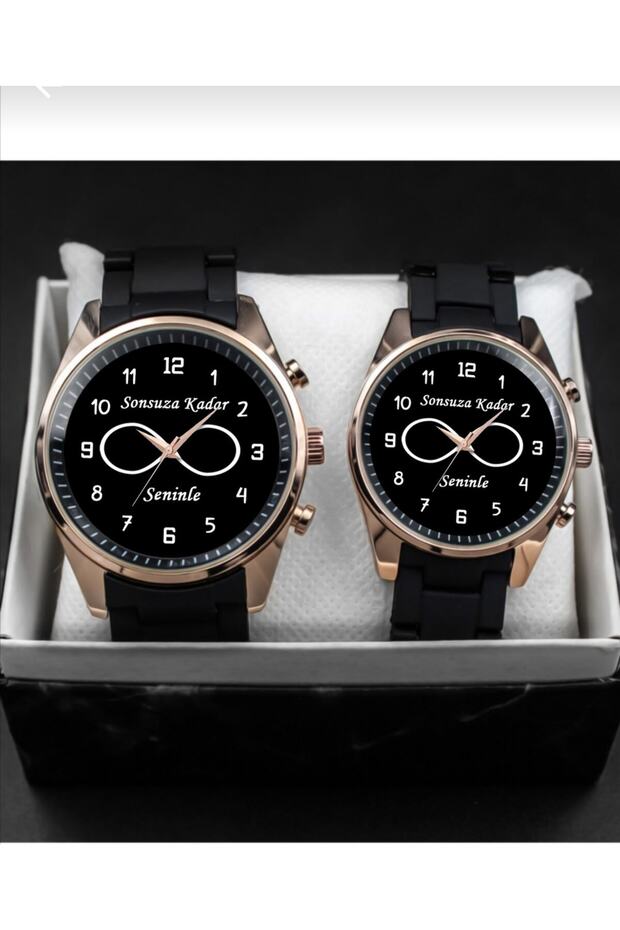 Couple's Black Wristwatches with Infinity Design - Customizable Gift Set