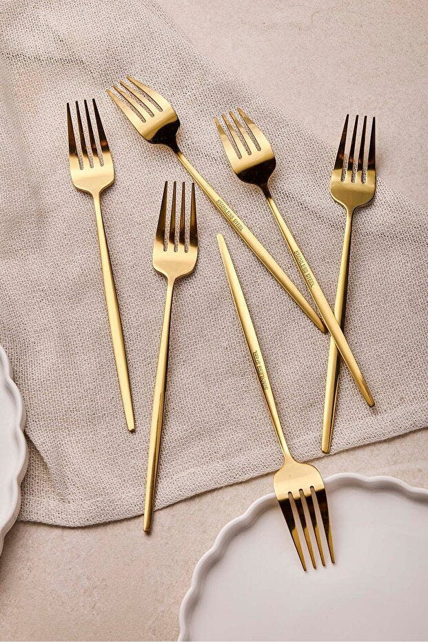 Premium Gold Stainless Steel Dinner Fork Set - 6 Pieces for Dining