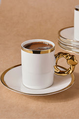 White Porcelain Coffee Set with Gold Handles & Rims - 6 Person