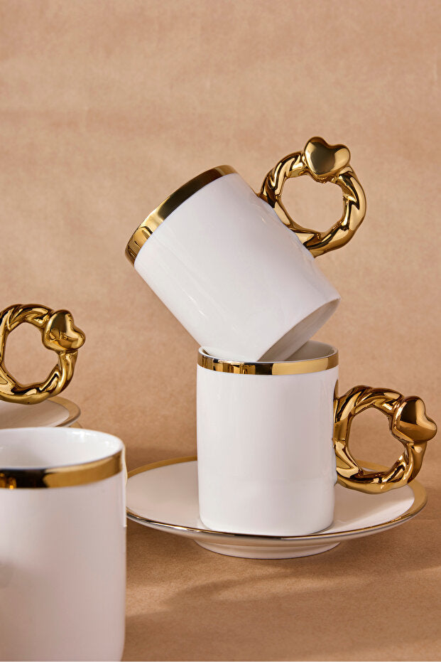 White Porcelain Coffee Set with Gold Handles & Rims - 6 Person