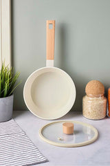 Beige Induction Ceramic Saucepan with Wooden Handle & Glass Lid - 20 cm