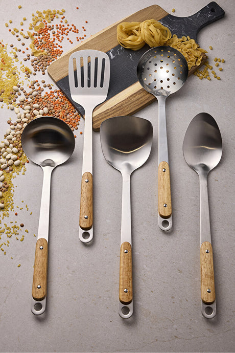 5 Piece 18/10 Stainless Steel Serving Set with Elegant Wooden Handles