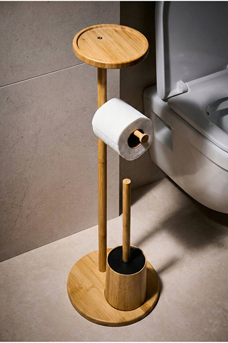 Bamboo Freestanding Toilet Paper Holder & WC Brush Set with Shelf