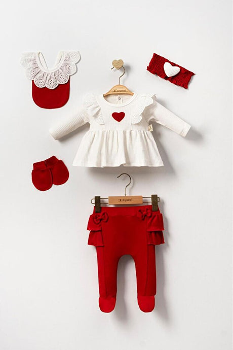 Baby Cotton Heart Embroidered Lace 5-Piece Newborn Outfit Set