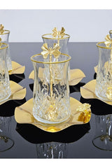 Ensemble de thé turc premium Odin avec cuillères en forme de papillon et soucoupes en métal - Ensemble de 18 pièces