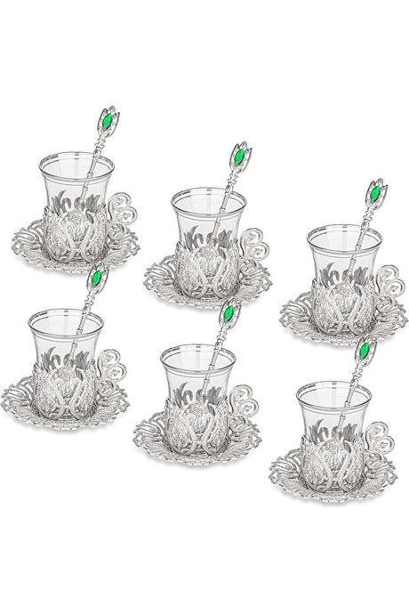 Set di Bicchieri da Tè Turchi Premium con Motivo Ottomano e Cucchiaini - 6 Pezzi