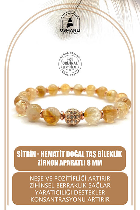Citrine Hematite Natural Stone Bracelet - 8mm Beads with Zircon Charm