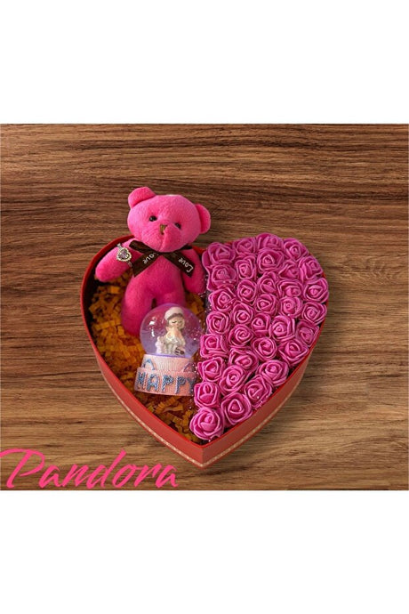Heart-Shaped Gift Box with Pink Teddy Bear, Snow Globe & Steel Ring