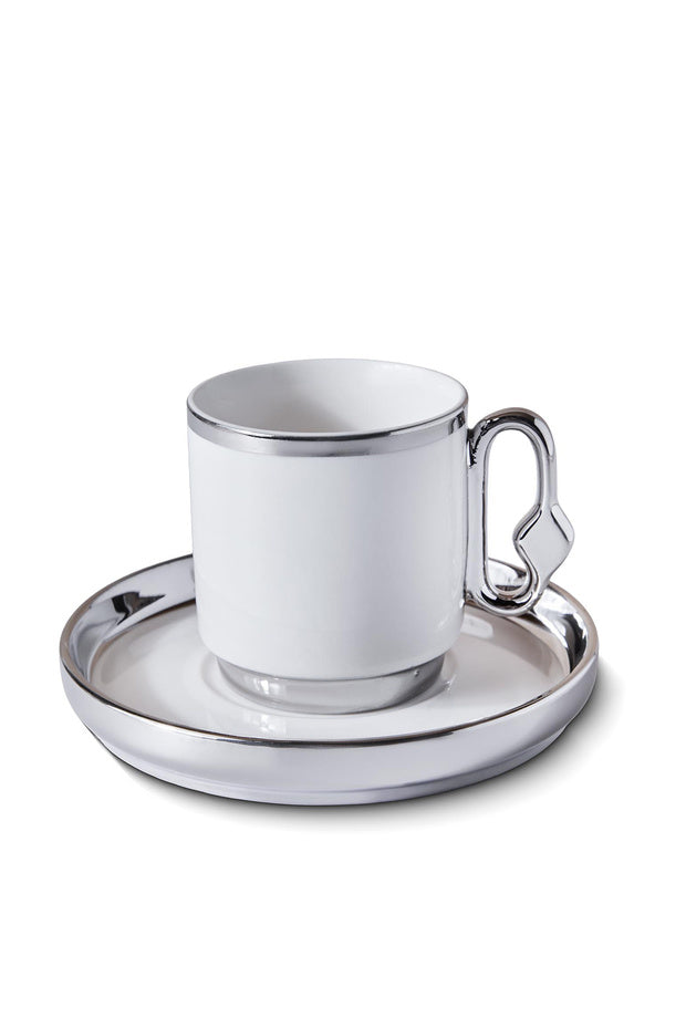 2 Person Porcelain Coffee Cup Set with Silver Trim